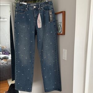 Elegant Blue Embellished Straight Leg Jeans